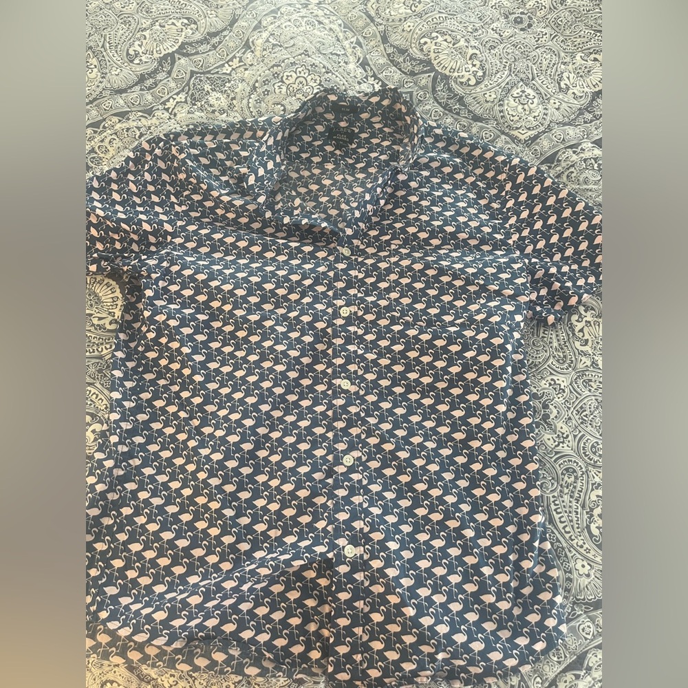 J. Crew Flamingo Print cotton blend Button Down Shirt - Navy and Pink